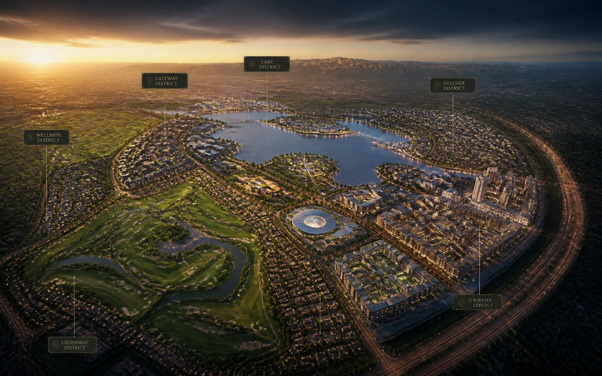 DHA Gandhara aerial masterplan render at dusk