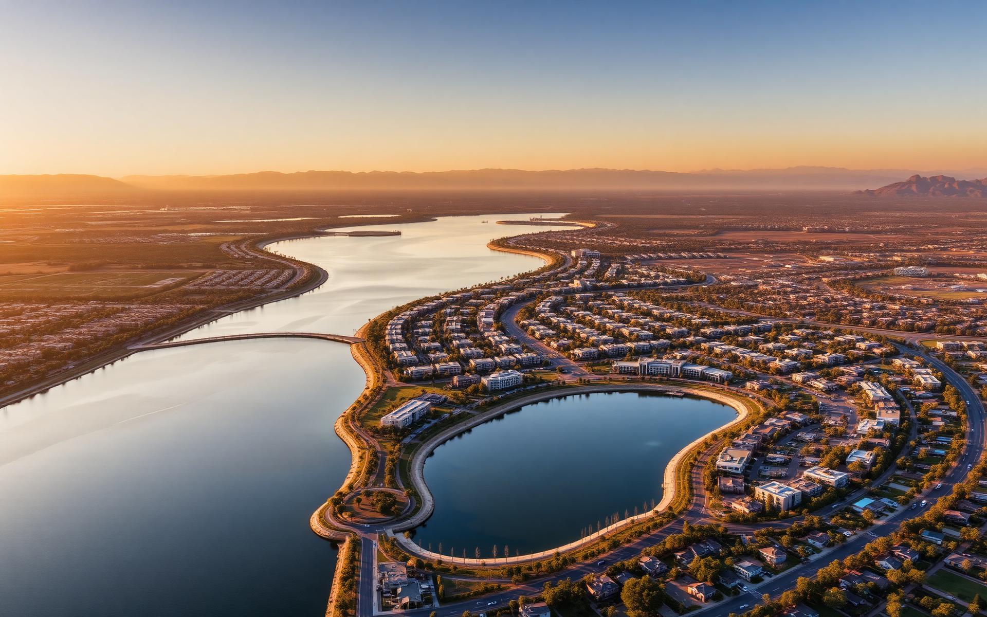 Aerial view of DHA Gandhara Lake District at golden hour